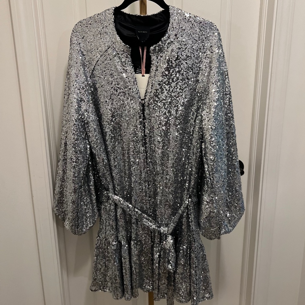 NWT Alex Marie Silver Sequin V-Neck Long Sleeve Tie Waist Mini Dress - Size 16